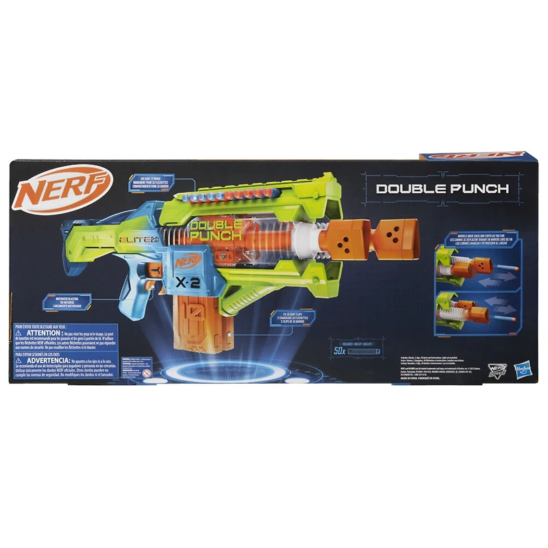 Nerf Elite 2.0, blaster Double Punch, 50 fléchettes Elite, 2 chargeurs 10 fléchettes, blaster motorisé