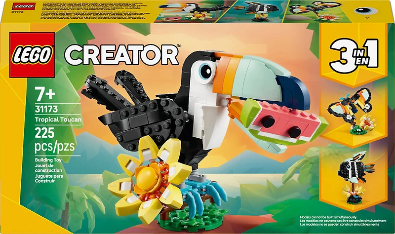 LEGO Creator Les Animaux Sauvages : le Toucan Tropical, Figurine, Se Transforme en Papillon ou en Poisson 31173