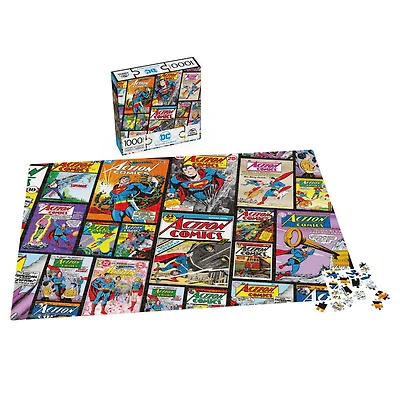 DC Comics, Action Comics, Puzzle de 1 000 pièces représentant un collage de couvertures de comics Superman rétro, avec poster