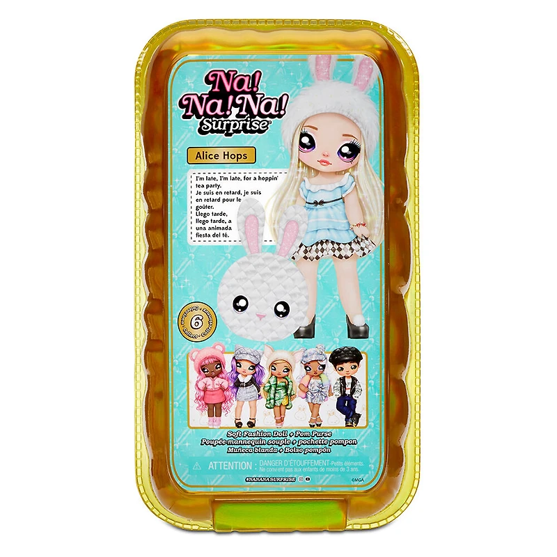 Poupée-mannequin Na Na Na Surprise 2 en 1 et sac à main métallique de la série Glam - Alice Hops, poupée blonde avec robe bleu chatoyante et oreilles de lapin avec le sac à main lapin blanc