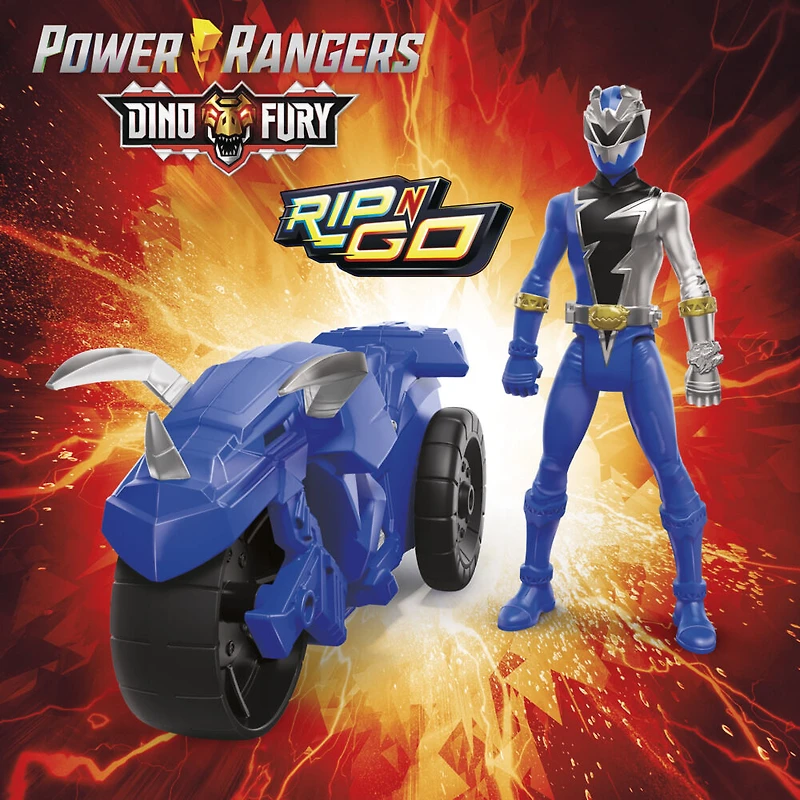 Power Ranger Dino Fury Rip N Go, Moto de combat Tricératops et Ranger bleu Dino Fury
