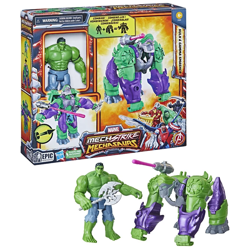 Marvel Mech Strike Mechasaurs 4.5 Inch Hulk with Gamma Smasher Mechasaur Action Figures, Super Hero Toys