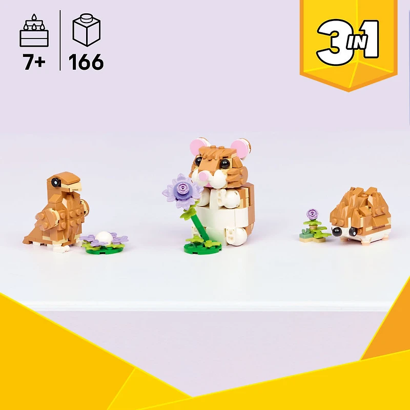 LEGO Creator 3 en 1 Le Hamster Mignon avec une Fleur, Le Jouet se Transforme en Hérisson ou en Aigle 31376
