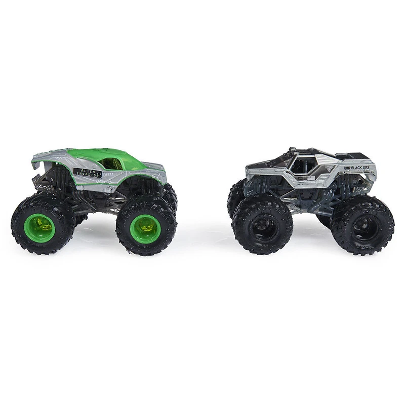 Monster Jam, Monster trucks Alien Invasion vs Soldier Fortune Black Ops officiels qui changent de couleur en métal moulé, échelle 1:64