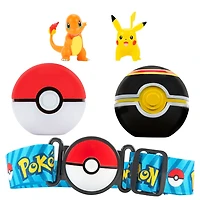 Pokémon - Ensemble de ceinture Clip 'N Go pour ballon Poké - Super Ball (Great Ball), Poké Ball, Luxe Ball, Salamèche (Charmander) no 1 de 5 cm, Pikachu no 1 de 5 cm, et ceinture bleue