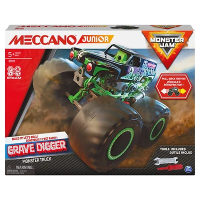 Meccano Junior, Kit de construction STEM, Monster truck Monster Jam Grave Digger officiel avec moteur à rétrofriction
