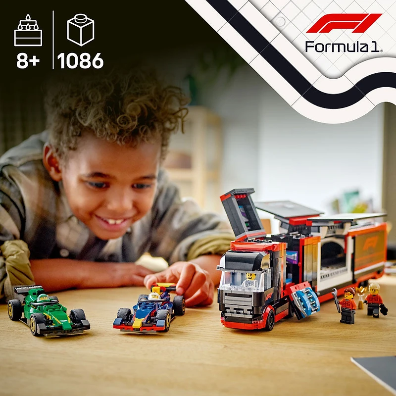 LEGO City F1 Truck with RB20 & AMR24 F1 Cars - Model Car Building Toy Set for Kids, Boys and Girls - 60445