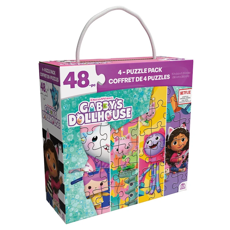 Gabby's Dollhouse, 4 Jigsaw Puzzle Bundle 48-Piece Easy Cartoon Netflix Original Show with Portable Rope Gift Box,