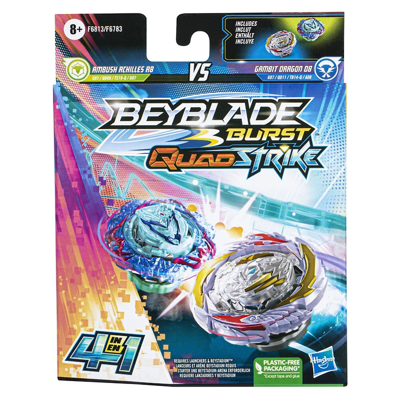 Beyblade Burst QuadStrike Dual Pack, pack de 2 toupies de compétition Gambit Dragon D8 et Ambush Achilles A8
