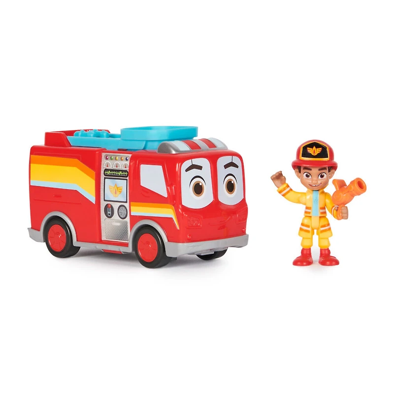 Disney Junior Firebuds, Coffret QG avec effets sonores et lumineux, camion de pompier, figurine articulée et lance-véhicule