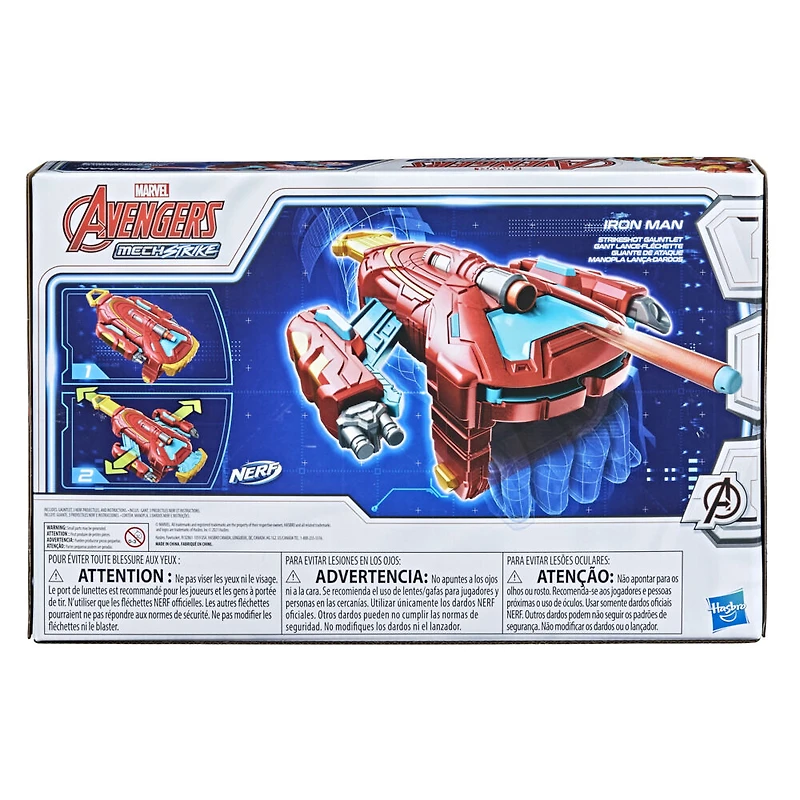 Marvel Avengers Mech Strike, Gant lance-fléchette de Iron Man, jouet de déguisement, 3 fléchettes NERF