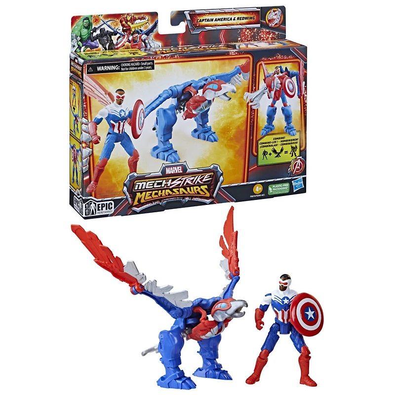 Marvel Mech Strike Mechasaurs, figurine Captain America (10 cm) avec Redwing Mechasaur