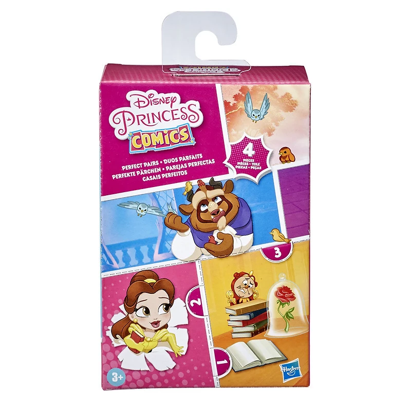 Disney Princess Comics, Duos parfaits Belle, jouet La Belle et la Bête à déballer, inclut 2 poupées, boîte-présentoir et support
