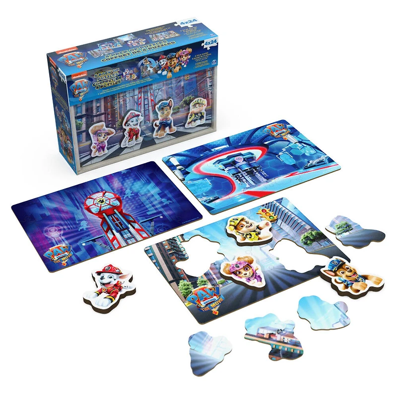 PAW Patrol: The Movie, 4-Pack of Wooden Puzzles, 24-Piece Jigsaw Toy Gift Set with Interchangeable Characters