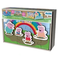 Peppa Pig, 24-Piece Jigsaw Puzzles 4-Pack Bundle with 8 Interchangeable Peppa Pig Character Pieces and Wooden Slide Box