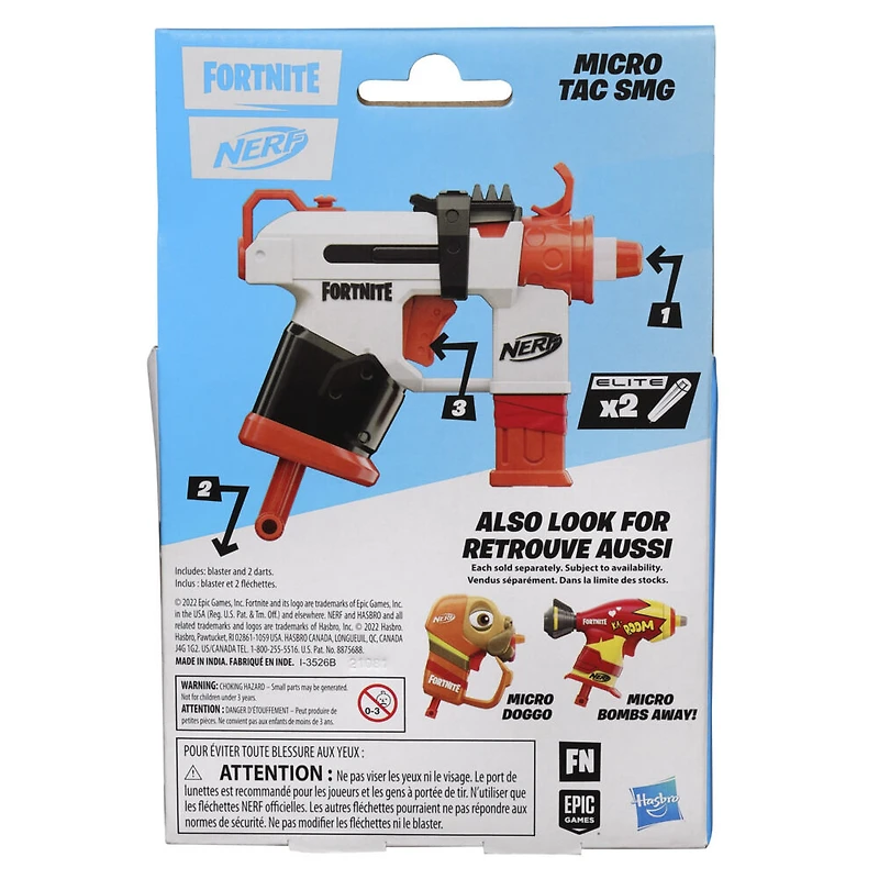 Nerf Fortnite Micro Tac SMG, mini-blaster à fléchette, design Fortnite Tac SMG, inclut 2 fléchettes Nerf Elite officielles