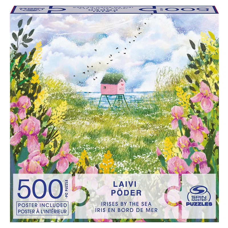 Spin Master Puzzles, Irises by the Sea 500-Piece Jigsaw Puzzle Artist Laivi Põder Floral Landscape Art with Poster