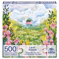 Spin Master Puzzles, Irises by the Sea 500-Piece Jigsaw Puzzle Artist Laivi Põder Floral Landscape Art with Poster