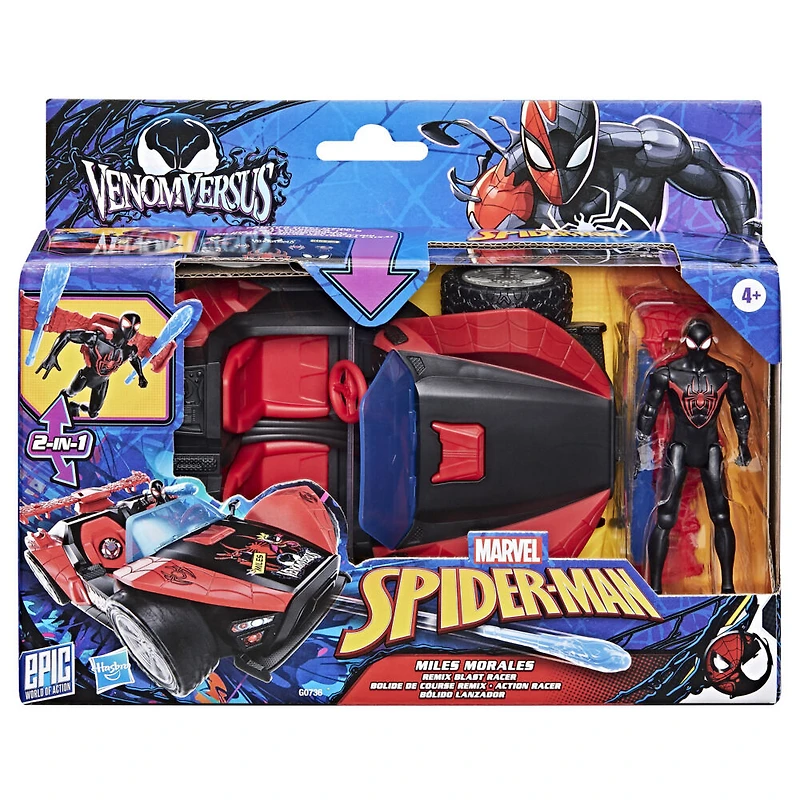 Marvel Spider-Man VenomVersus Epic World of Action Miles Morales Bolide de course Remix, figurine et voiture, jouets de super-héros, dès 4 ans