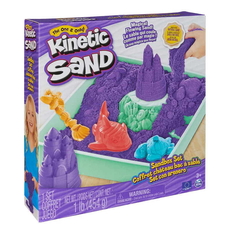 Kinetic Sand, Coffret Bac à sable, 454 g de sable violet, bac à sable, 4 moules et outils, jouets sensoriels