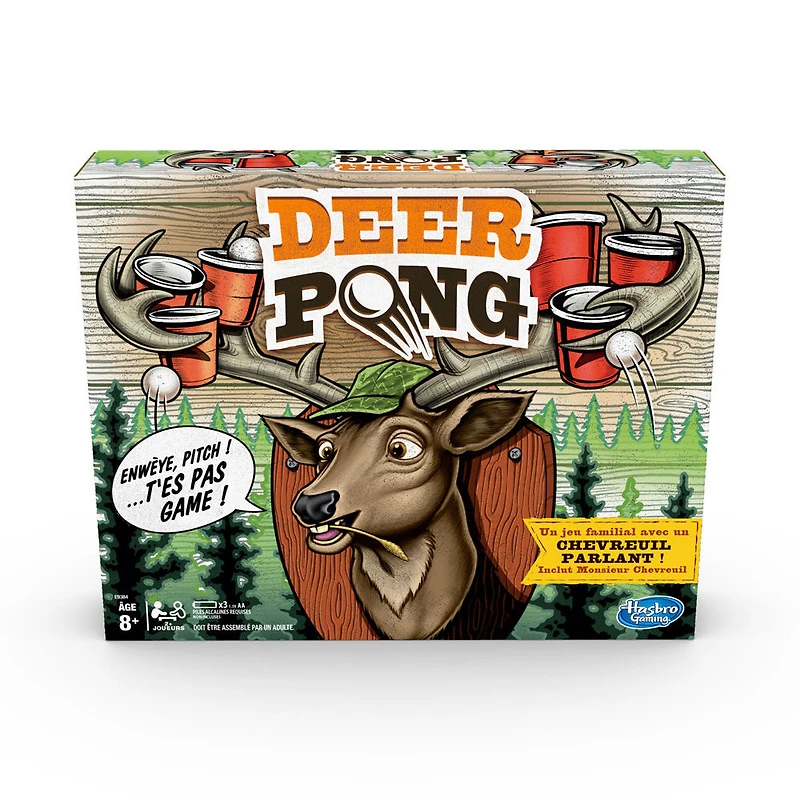 Deer Pong avec tête de chevreuil parlante et musique, inclut 6 gobelets et 6 balles (Version française)