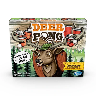 Deer Pong avec tête de chevreuil parlante et musique, inclut 6 gobelets et 6 balles (Version française)