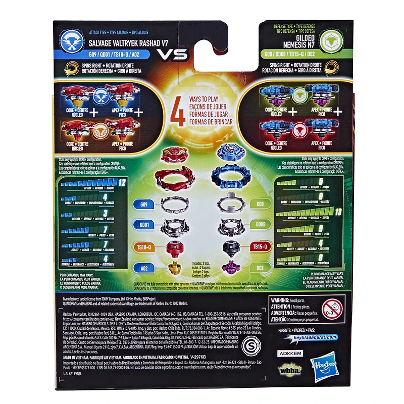 Beyblade Burst QuadDrive, Pack de 2 toupies de compétition Salvage Valtryek Rashad V7 et Gilded Nemesis N7