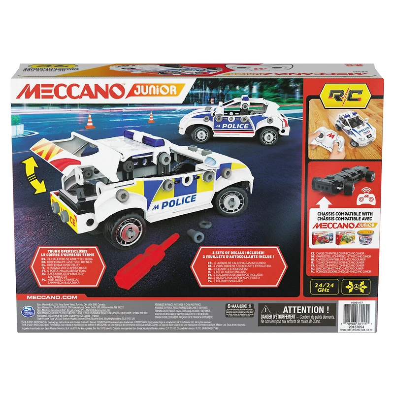 Meccano Junior, RC Police Car with Working Trunk and Real Tools, Toy Model Building Kit