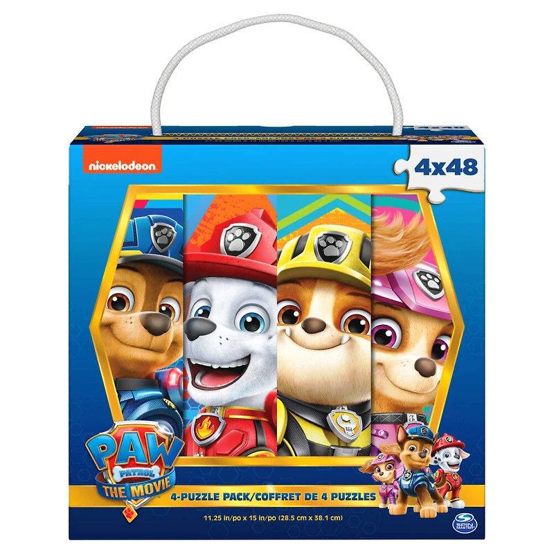 PAW Patrol: The Movie, Coffret de 4 puzzles de 48 pièces, Chase, Skye, Marshall, Rubble, avec boîte cadeau portable à poignée en corde