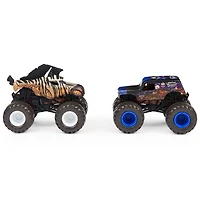 Monster Jam, Coffret de 2 monster trucks officiels en métal moulé Racing Stripes vs Son-Uva Digger qui changent de couleur, échelle 1:64