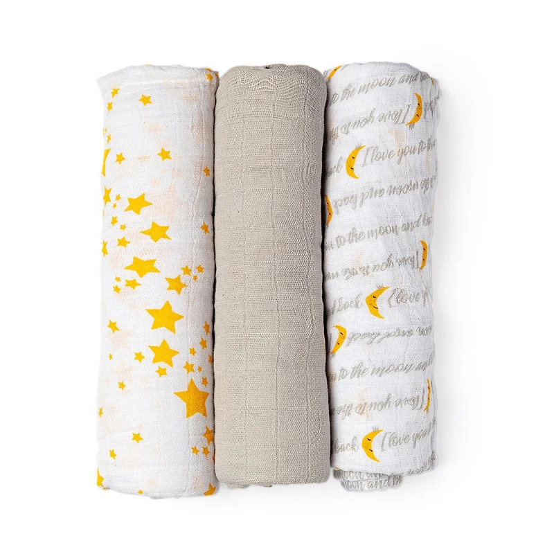 Jesse + Lulu Gris Galaxy couvertures emmaillotées en mousseline de coton -Set Of 3