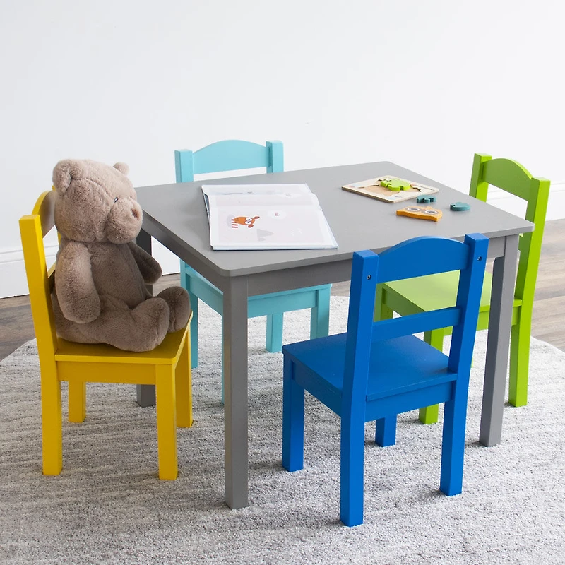 Kids Wood Table & 4 Chairs, Grey/Multi