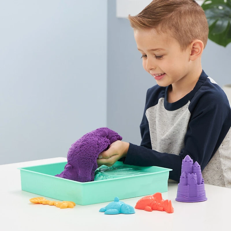 Kinetic Sand, Coffret Bac à sable, 454 g de sable violet, bac à sable, 4 moules et outils, jouets sensoriels
