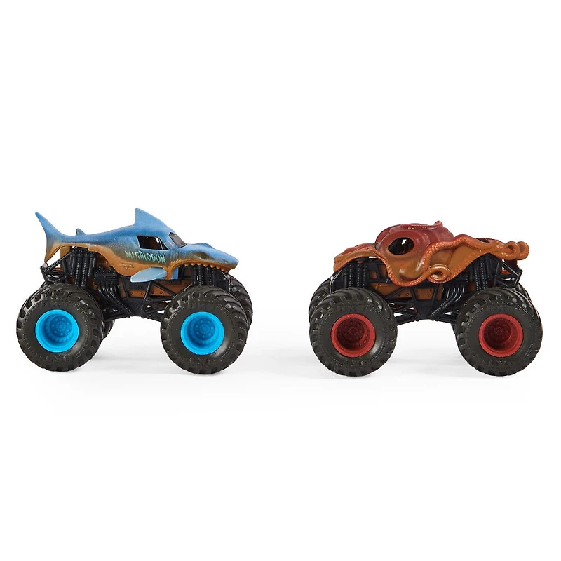 Monster Jam, Coffret de 2 monster trucks officiels en métal moulé Megalodon vs. Octon8er qui changent de couleur, échelle 1:64