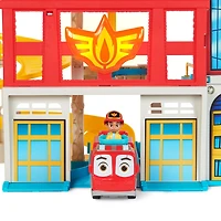 Disney Junior Firebuds, Coffret QG avec effets sonores et lumineux, camion de pompier, figurine articulée et lance-véhicule