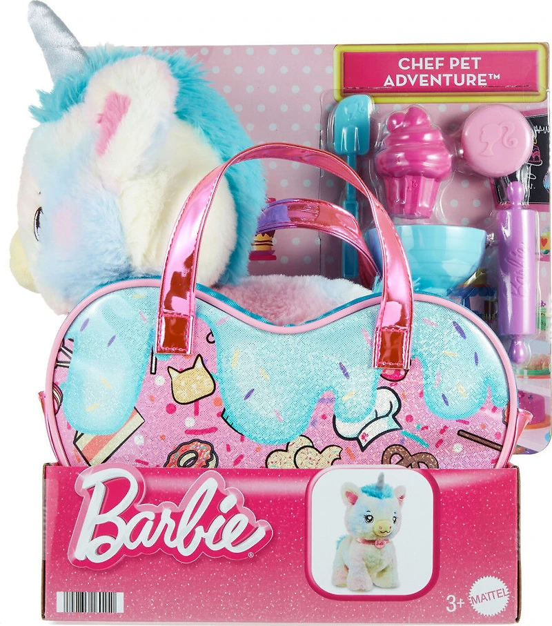 Barbie Peluche Chef Aventure animale, licorne, sac, 5accessoires