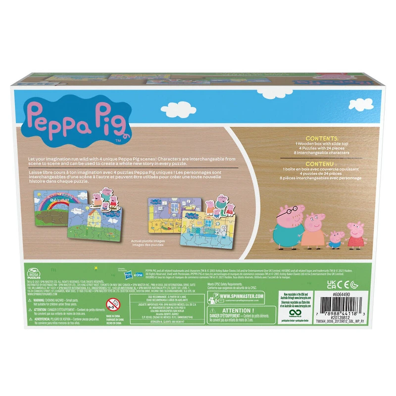 Peppa Pig, 24-Piece Jigsaw Puzzles 4-Pack Bundle with 8 Interchangeable Peppa Pig Character Pieces and Wooden Slide Box