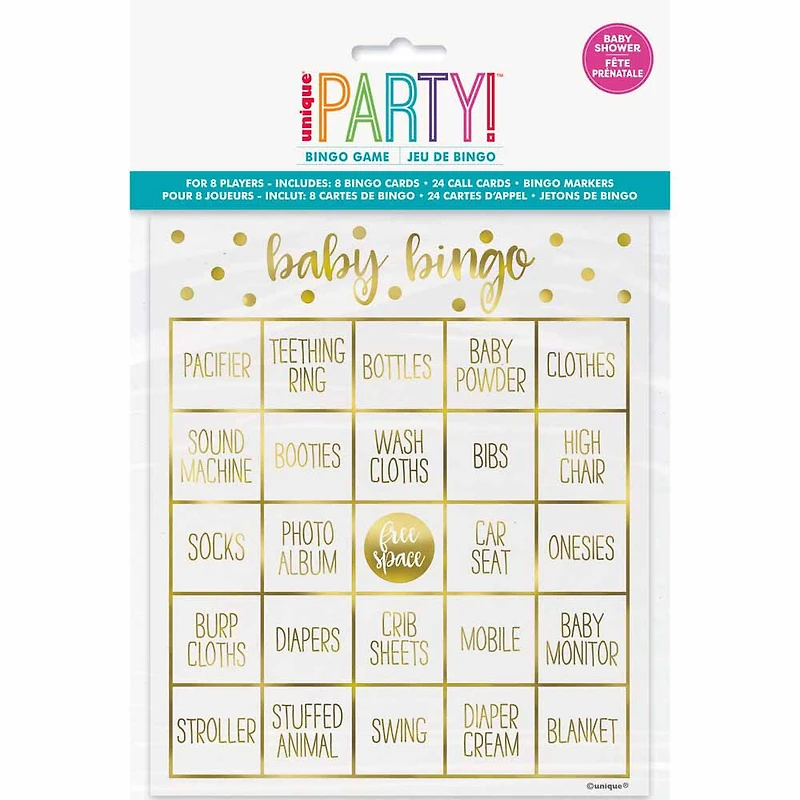 Kit De Bingo Pour 8 - Estampillé - Gold Baby Shower - Édition anglaise