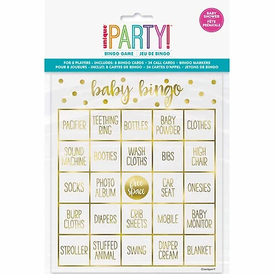 Gold Baby Shower Bingo Kit for 8 - English Edition