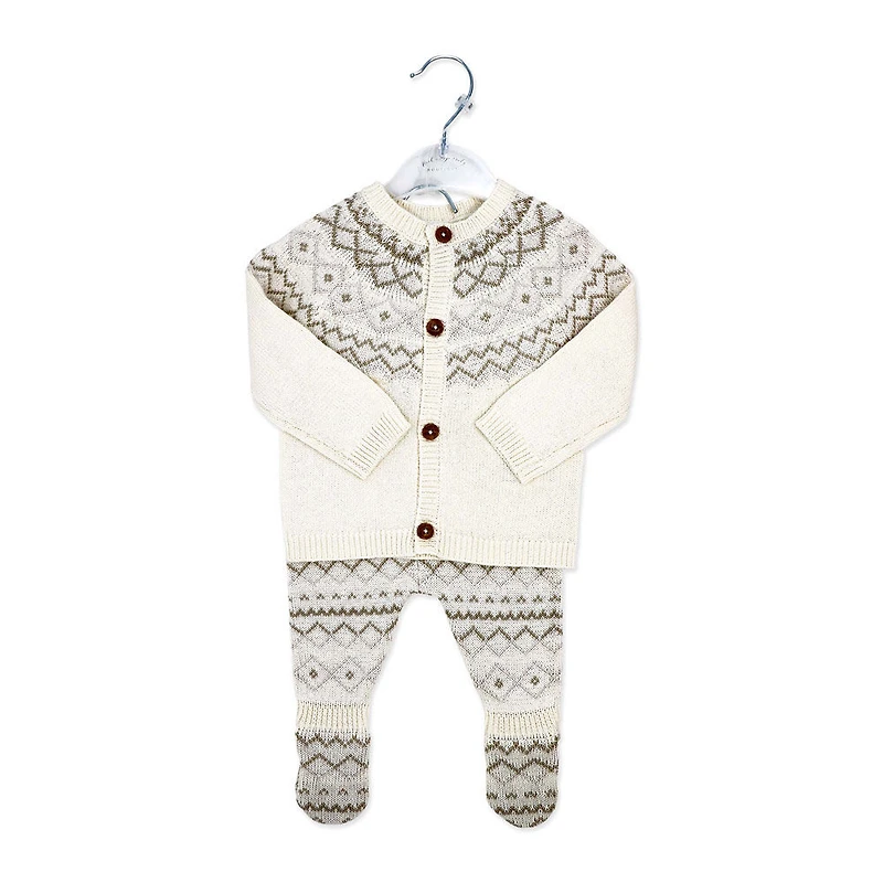 Rock a Bye Baby Knit Cardigan Footed Set: Cream Fairisle 0-3M