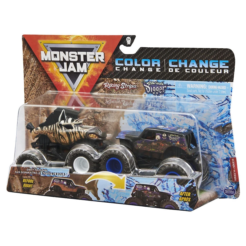Monster Jam, Coffret de 2 monster trucks officiels en métal moulé Racing Stripes vs Son-Uva Digger qui changent de couleur, échelle 1:64
