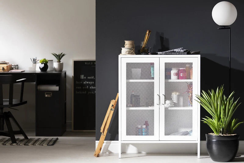 Crea Meuble de rangement avec portes grillagées en métal Blanc solide