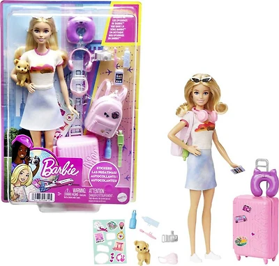 Barbie Doll and Accessories, "Malibu" Travel Set with Puppy and 10+ Pieces Including Working Suitcase