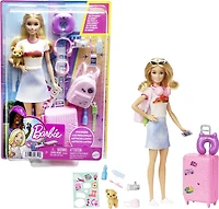 Barbie Doll and Accessories, "Malibu" Travel Set with Puppy and 10+ Pieces Including Working Suitcase
