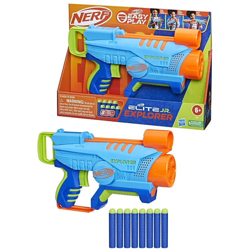 Nerf Elite Jr Explorer Easy-Play Blaster, Easy to Hold and Load and Blast, 8 Nerf Elite Darts, Toy Foam Blasters
