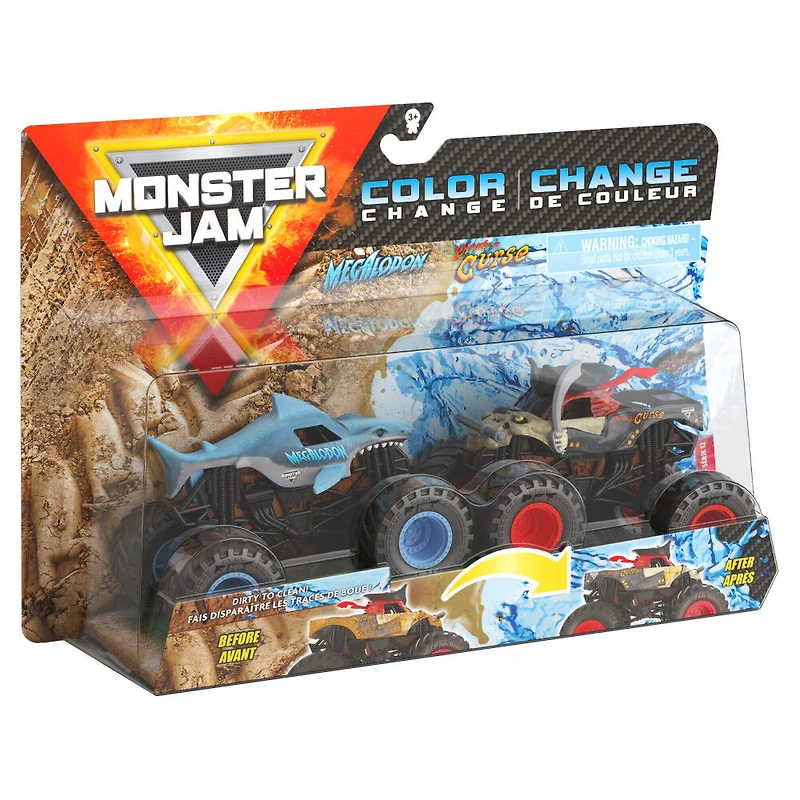 Monster Jam, Coffret de 2 monster trucks officiels en métal moulé Megalodon vs Pirate's Curse qui changent de couleur, échelle 1:64