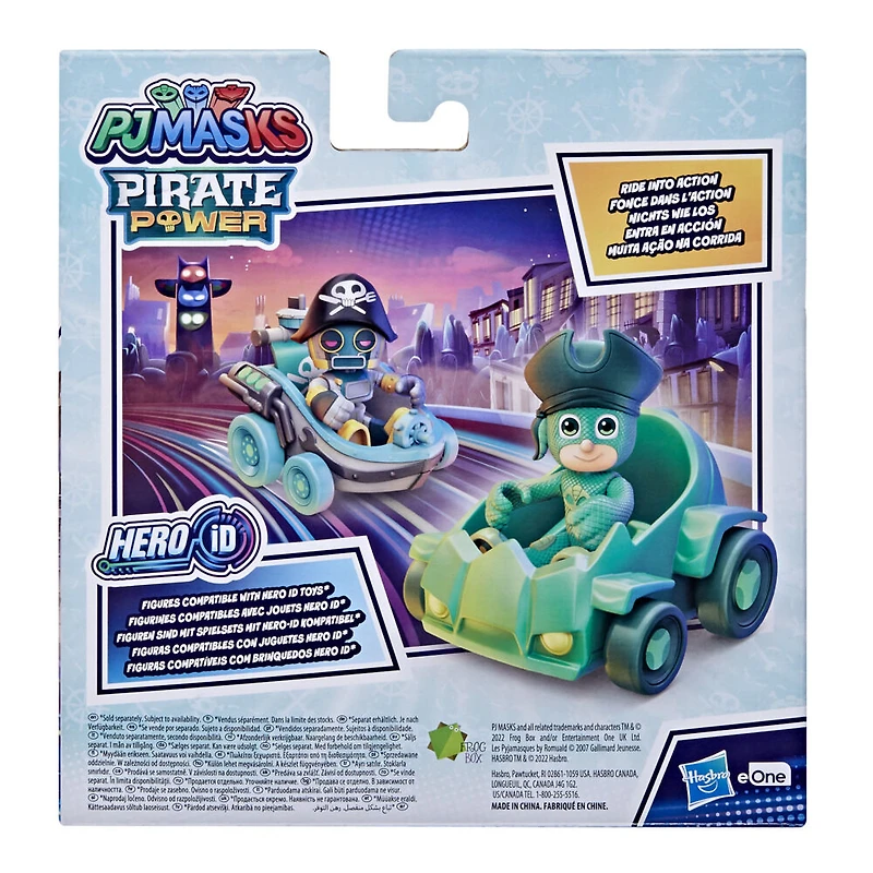 Pyjamasques, Course poursuite Gluglu contre Robot pirate, jouet préscolaire de 2 mini-véhicules et 2 figurines articulées