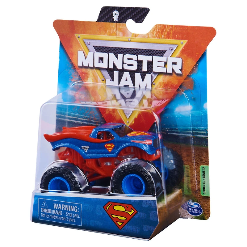Monster Jam, Monster truck Superman officiel, véhicule en métal moulé, série Heroes and Villians Trucks, échelle 1:64