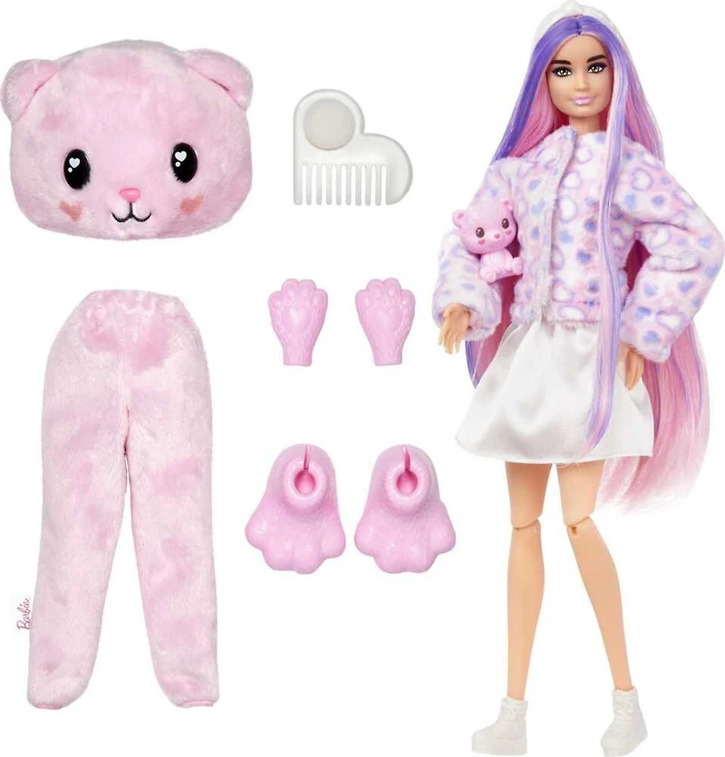 Barbie Cutie Reveal Doll and Accessories, Cozy Cute Tees Teddy Bear in "Love" T-shirt, Purple-Streaked Pink Hair and Brown Eyes