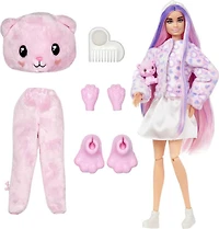 Barbie Cutie Reveal Doll and Accessories, Cozy Cute Tees Teddy Bear in "Love" T-shirt, Purple-Streaked Pink Hair and Brown Eyes
